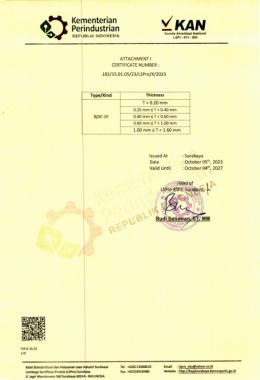 SNI Certificate 2 for Cold Rolled Steel Sheets